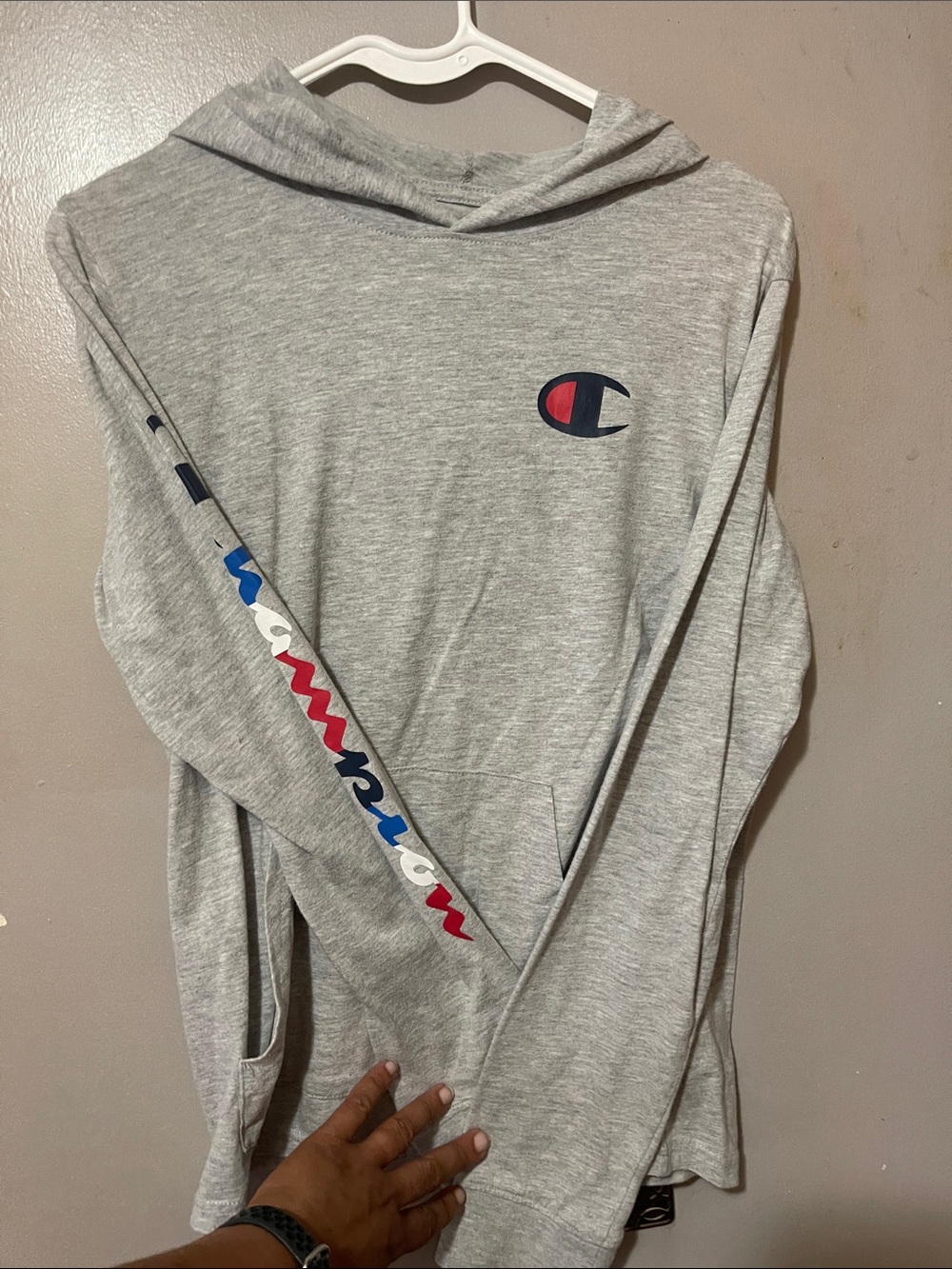 Champion Light Gray Hoodie with Red & Blue Logo